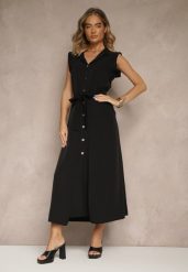 Czarna Sukienka z Paskiem Koszulowa o Rozkloszowanym Fasonie Mavoselle. Czarne sukienki damskie Renee, na co dzień, m, bez wzorów, z jeansu, eleganckie, bez kołnierzyka, bez ramiączek, maxi, koszulowe. Za 179.99 zł.