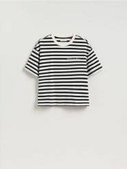 T-shirt w paski z nadrukiem - wielobarwny. T-shirty damskie Reserved, l, bez wzorów, z bawełny, bez kołnierzyka. Za 49.99 zł.