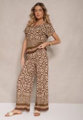 Ciemnobrązowy Komplet Spodnie i Bluzka z Bawełny w Ornamentalny Print Nanitria. Brązowe spodnie materiałowe damskie Renee, bez wzorów, z bawełny. Za 44.99 zł.