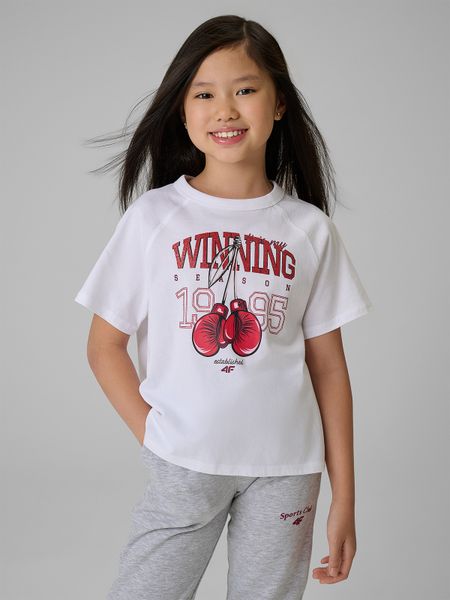 4F T-shirt loose z nadrukiem dziewczęcy - biały 122/128 (6-8 lat). Białe koszulki dziewczęce 4f, m, bez wzorów, z bawełny, bez ramiączek. Za 49.99 zł.