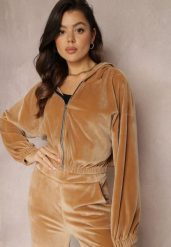 Beżowa Bluza Welurowa Krótka z Suwakiem Vahi. Brązowe bluzy z kapturem damskie Renee, z jeansu. Za 69.99 zł.