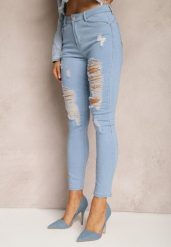 Niebieskie Jeansy Skinny High Waist z Przetarciami i Dziurami Aventoa. Niebieskie jeansy damskie Renee, z podwyższonym stanem. Za 49.99 zł.