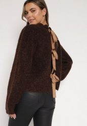 Brązowy Kardigan z Wełną i Bufiastymi Rękawami Wiązany na Plecach Tuseleia. Brązowe kardigany damskie Born2be, l, bez wzorów, z jeansu. Za 149.99 zł.