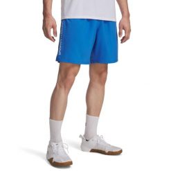 Męskie spodenki Under Armour Tech Woven Wordmark Short Blue Blue. Białe szorty męskie Under Armour, bez wzorów, z materiału, sportowe. Za 204.99 zł.
