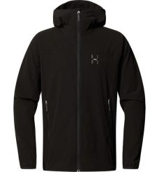 Kurtka przeciwdeszczowa męska Rosson Softshell Hood. Czarne kurtki outdoor męskie Haglöfs, m, bez wzorów, z softshellu, z kapturem. Za 694.05 zł.