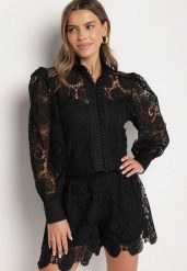 Czarny Komplet z Bawełną Koszula i Szorty Ozdobione Ażurowym Wzorem Zeralea. Czarne koszule damskie Born2be, z aplikacjami, z bawełny, eleganckie. Za 169.99 zł.
