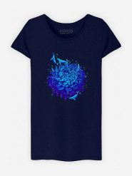 WOOOP Koszulka "Sea Flower" w kolorze granatowym rozmiar: M. Niebieskie bluzki damskie Wooop, m, bez wzorów, z bawełny, bez kołnierzyka. Za 70.24 zł.