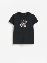T-shirt z nadrukiem - czarny. Czarne koszulki dziewczęce Reserved, bez wzorów, z bawełny, bez ramiączek. Za 19.99 zł.