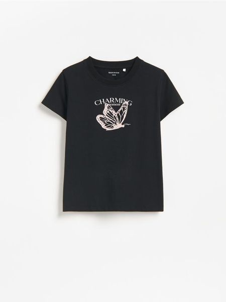 T-shirt z nadrukiem - czarny. Czarne koszulki dziewczęce Reserved, bez wzorów, z bawełny, bez ramiączek. Za 19.99 zł.