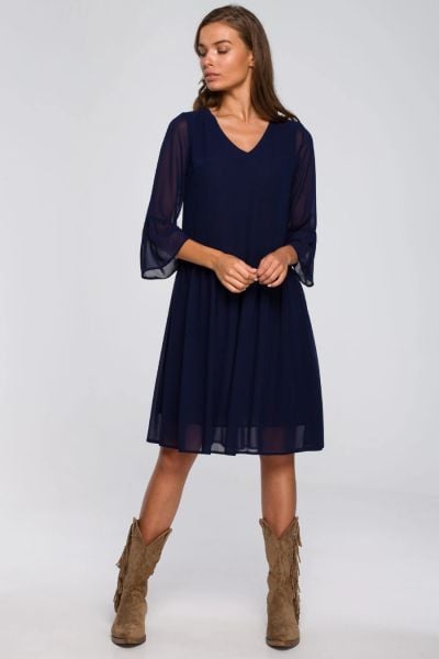 Sukienka wieczorowa szyfonowa z falbanami dekolt V granatowa. Sukienki damskie Stylove, na randkę, xl, bez wzorów, z szyfonu, wizytowe, bez kołnierzyka, bez ramiączek, oversize. Za 289.00 zł.