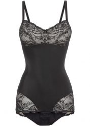 Body modelujące z ozdobnymi elementami, średni stopień modelowania sylwetki. Czarne body damskie bonprix, bez wzorów, z koronki. Za 139.99 zł.