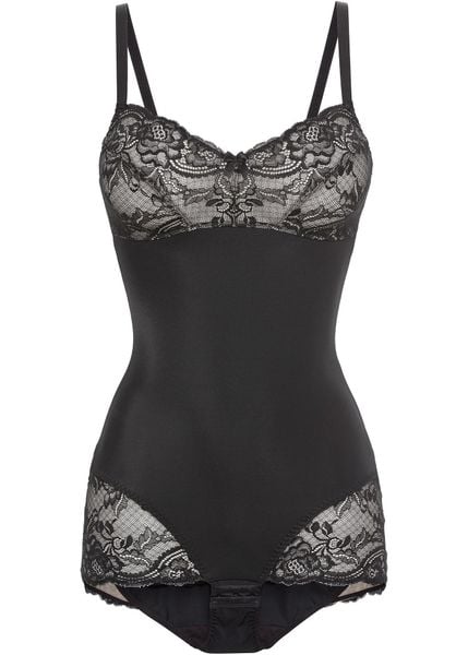 Body modelujące z ozdobnymi elementami, średni stopień modelowania sylwetki. Czarne body damskie bonprix, bez wzorów, z koronki. Za 139.99 zł.