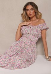 Różowa Sukienka z Bawełny Ozdobiona Guzikami i Bufiastymi Rękawami Zelliova. Czerwone sukienki damskie Renee, na co dzień, l, bez wzorów, z bawełny, eleganckie, bez kołnierzyka, bez ramiączek, midi, kopertowe. W wyprzedaży za 38.49 zł.