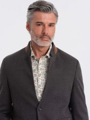 Melanżowa marynarka męska z dodatkiem rayonu ze stójką – czarny melanż V5 OM-BLZB-0131 - XXL. Czarne marynarki męskie Ombre Clothing, bez wzorów, z materiału. Za 257.99 zł.