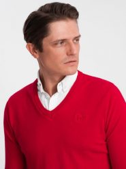 Sweter męski z dekoltem "w serek" z koszulowym kołnierzykiem - czerwony V4 OM-SWSW-0102 - XXL. Czerwone swetry męskie Ombre Clothing, l, bez wzorów, z bawełny, bez kołnierzyka. W wyprzedaży za 69.99 zł.