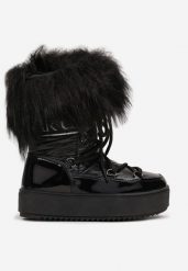 Czarne Śniegowce Lakierowane na Grubej Podeszwie Ozdobione Futerkiem Avelirra. Czarne śniegowce dziewczęce Renee, z jeansu. Za 39.99 zł.