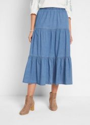 Spódnica dżinsowa z falban. Niebieskie spódniczki damskie bonprix, bez wzorów. Za 147.99 zł.