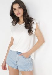 Biały Top z Falbankami przy Ramionach z Wiskozy Jale. Białe topy damskie Born2be, bez wzorów, z tkaniny, bez kołnierzyka. Za 49.99 zł.