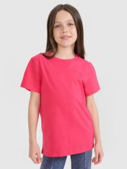 4F T-shirt regular gładki dziewczęcy - różowy 134 (8-9 lat). Czerwone koszulki dziewczęce 4f, bez wzorów, z bawełny, bez ramiączek. Za 29.99 zł.