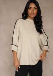 Beżowy Sweter Ozdobiony Lamówką na Rękawach Tusenna. Brązowe swetry klasyczne damskie Renee, z jeansu, bez kołnierzyka. Za 99.99 zł.