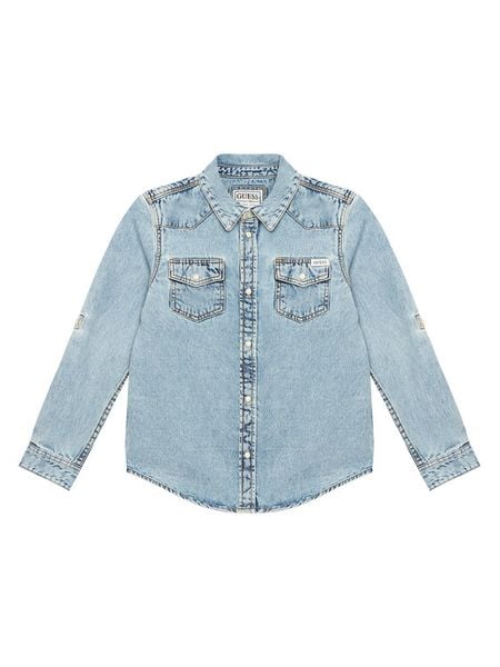 Guess Koszula jeansowa L6RH00 D4EU0 Niebieski Regular Fit. Niebieskie koszule chłopięce Guess, z aplikacjami, z bawełny, bez kołnierzyka, bez ramiączek. Za 234.99 zł.
