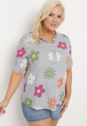 Szara Koszula z Lnu i Bawełny w Kwiaty z Krótkim Rękawem Ambubia. Szare koszule damskie Born2be, na lato, plus size, bez wzorów, z bawełny, bez kołnierzyka, plus size, bez ramiączek. Za 79.99 zł.
