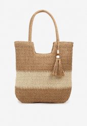 Ciemnobeżowa Torebka z Plecionki na Rączkach z Chwostami Livonia. Brązowe shopper bag damskie Renee, bez wzorów, z materiału, bez dodatków. Za 74.99 zł.