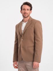 Marynarka męska casual z ozdobnymi guzikami na mankietach - jasnybrąz V2 OM-BLZB-0118 - XXL. Brązowe marynarki męskie Ombre Clothing, bez wzorów. W wyprzedaży za 149.99 zł.
