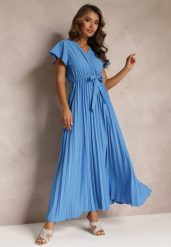 Niebieska Koktajlowa Maxi Sukienka Ozdobiona Plisami z Trójkątnym Dekoltem i Wiązaniem w Talii Phoelia. Niebieskie sukienki damskie Renee, na imprezę, m, bez wzorów, eleganckie, bez kołnierzyka, bez ramiączek, maxi. W wyprzedaży za 59.49 zł.