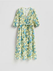 Wzorzysta sukienka z wiskozy - złamana biel. Sukienki damskie Reserved, l, bez wzorów, z wiskozy, bez kołnierzyka, bez ramiączek. Za 199.99 zł.