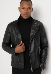 Czarna Klasyczna Kurtka Ramoneska w Motocyklowym Stylu z Kieszeniami Naorela. Czarne kurtki męskie Born2be, l, bez wzorów, z jeansu, eleganckie, bez kaptura. Za 229.99 zł.