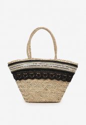Czarno-Beżowa Torebka z Plecionki Ozdobiona Ażurowym Paskiem Belpia. Czarne shopper bag damskie Renee, w ażurowe wzory, z jeansu, bez dodatków. Za 99.99 zł.