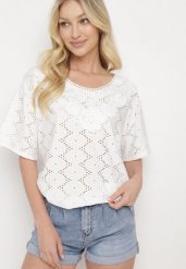 Biały Klasyczny Ażurowy T-shirt z Krótkim Rękawem Ninnia. Białe t-shirty damskie Born2be, xl, w ażurowe wzory, z jeansu, bez kołnierzyka. Za 34.99 zł.