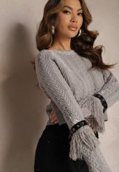 Szary Krótki Sweter z Ozdobnymi Paskami z Ekoskóry i Frędzlami Steviuna. Szare swetry klasyczne damskie Renee, bez kołnierzyka. Za 149.99 zł.