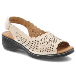 Sandały damskie Vinceza, na płaskim obcasie skórzane ażurowe z odkrytą piętą na rzepy, beżowe, 66738-BE. Brązowe sandały damskie VINCEZA, z aplikacjami, ze skóry, bez obcasa, na koturnie. Za 129.00 zł.