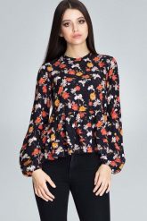Wzorzysta Bluzka z Podwójną Falbanką - Wzór 82. Brązowe bluzki damskie Figl, l, bez wzorów, z elastanu, bez kołnierzyka, bez ramiączek. Za 189.00 zł.