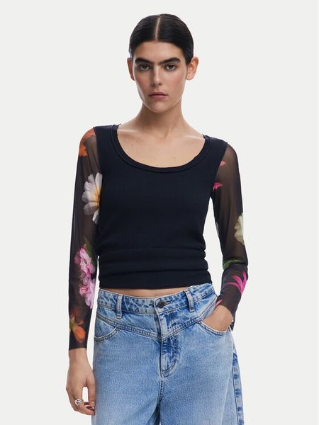 Desigual Bluzka Flint 25SWTK93 Czarny Slim Fit. Czarne bluzki damskie Desigual, m, bez wzorów, z bawełny, bez ramiączek. Za 149.99 zł.