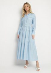 Niebieska Wiskozowa Sukienka Ozdobiona Paskiem i Guzikami Ronitte. Niebieskie sukienki damskie Born2be, na co dzień, na lato, l, bez wzorów, z wiskozy, eleganckie, bez kołnierzyka, bez ramiączek, maxi. W wyprzedaży za 135.99 zł.