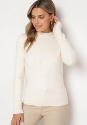 Jasnobeżowy Sweter z Wiskozą i Golfem z Elastycznego Prążkowanego Materiału Nikiella. Brązowe golfy damskie Born2be, bez wzorów, z materiału, bez ramiączek. Za 84.99 zł.