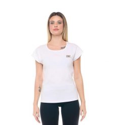 Koszulka damska Leone 1947 Apparel z elastycznej bawełny ze złotym logo. Białe t-shirty damskie LEONE 1947 APPAREL, bez wzorów, z bawełny, bez kołnierzyka. W wyprzedaży za 75.78 zł.