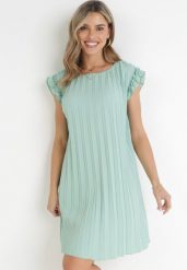 Jasnozielona Pudełkowa Sukienka Mini z Plisowanej Tkaniny z Wiskozy i Bawełny Ematisa. Zielone sukienki damskie Born2be, na imprezę, l, bez wzorów, z bawełny, eleganckie, bez kołnierzyka, bez ramiączek, mini. W wyprzedaży za 47.99 zł.
