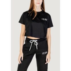 Koszulka crop top Kobieta ICON. Czarne bluzki damskie ICON, bez wzorów, z bawełny, bez kołnierzyka, bez ramiączek. W wyprzedaży za 190.40 zł.