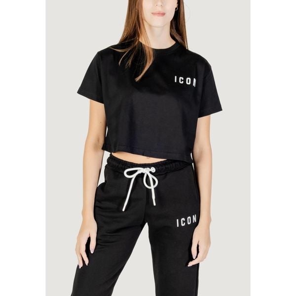 Koszulka crop top Kobieta ICON. Czarne bluzki damskie ICON, bez wzorów, z bawełny, bez kołnierzyka. W wyprzedaży za 187.90 zł.