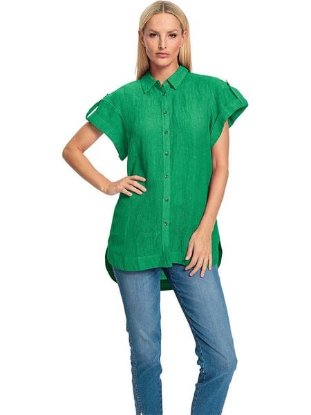 Heine Lniana bluzka w kolorze zielonym rozmiar: 44. Zielone bluzki damskie Heine, bez wzorów, ze lnu, bez kołnierzyka, bez ramiączek. Za 86.99 zł.