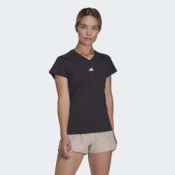 Koszulka AEROREADY Train Essentials Minimal Branding V-Neck. Czarne bluzki damskie Adidas, xs, bez wzorów, z materiału, sportowe, bez kołnierzyka, bez ramiączek. Za 109.00 zł.