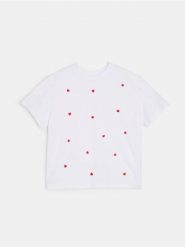 Bawełniana koszulka z krótkim rękawem w serca - kremowy. Białe koszulki dziewczęce Sinsay, l, bez wzorów, z bawełny, bez ramiączek. Za 15.99 zł.