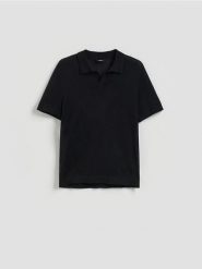 Sweter polo z domieszką lnu - czarny. Czarne swetry męskie Reserved, l, bez wzorów, z wiskozy, bez kołnierzyka. Za 129.99 zł.