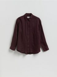 Lniana koszula - mahoniowy. Brązowe koszule damskie Reserved, l, bez wzorów, z tkaniny, bez kołnierzyka, bez ramiączek. Za 179.99 zł.