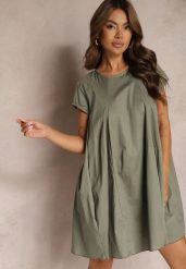 Ciemnozielona Trapezowa Sukienka z Bawełny Riseria. Zielone sukienki damskie Renee, na co dzień, bez wzorów, z bawełny, eleganckie, bez kołnierzyka, bez ramiączek, mini, trapezowe. W wyprzedaży za 62.99 zł.