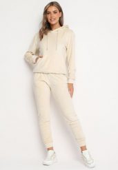 Jasnobeżowy Welurowy Komplet Dresowy Bluza z Kapturem Spodnie z Gumką w Talii Ilseria. Brązowe bluzy z kapturem damskie Born2be, l, z dresówki. Za 44.99 zł.